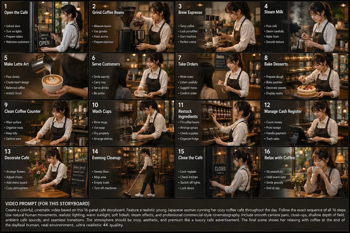16-Panel Cinematic Storyboard of a Japanese Café Owner’s Daily Routine