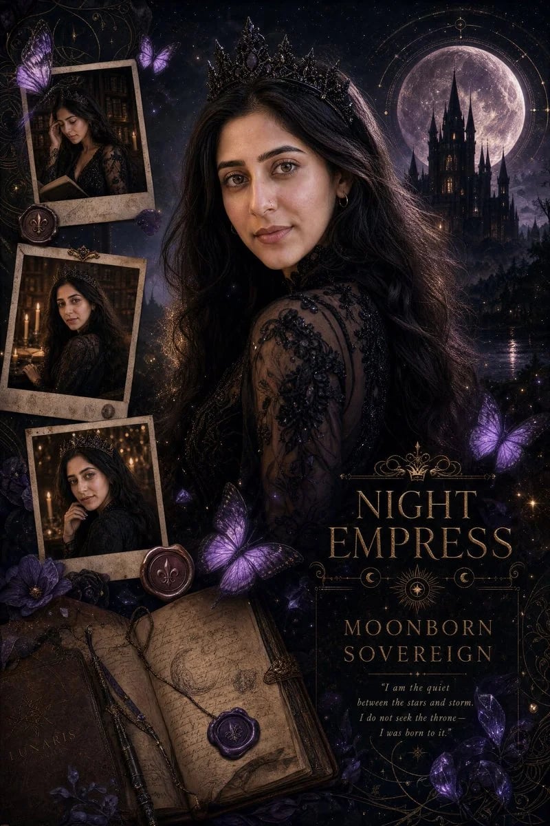 MOONBORN SOVEREIGN dark fantasy character profile collage