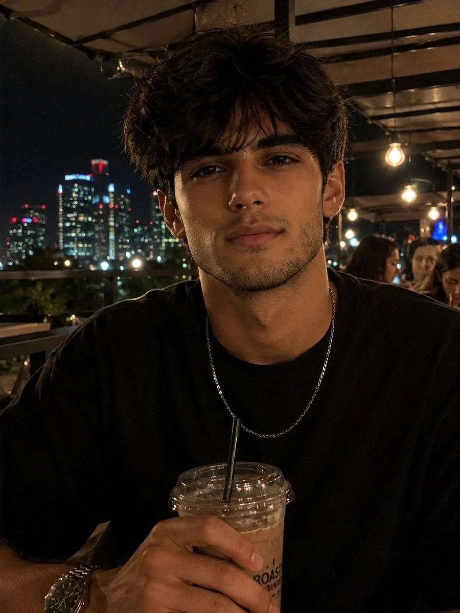 Late Night Rooftop Café Portrait with Iced Coffee