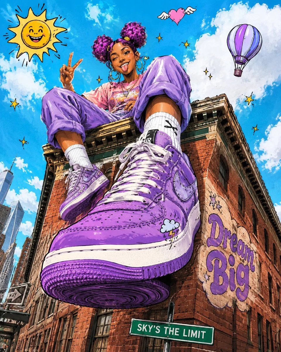 Cartoon Sneaker Campaign with Giant Rooftop Character