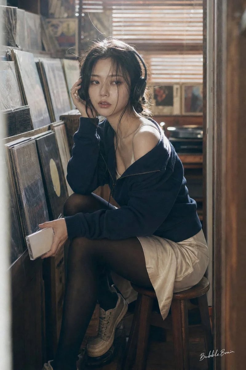 Japanese Negative Film Editorial Portrait in a Vinyl Listening Booth