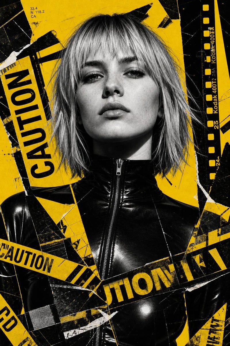 High-Fashion Noir Collage Portrait with Yellow Caution Tape