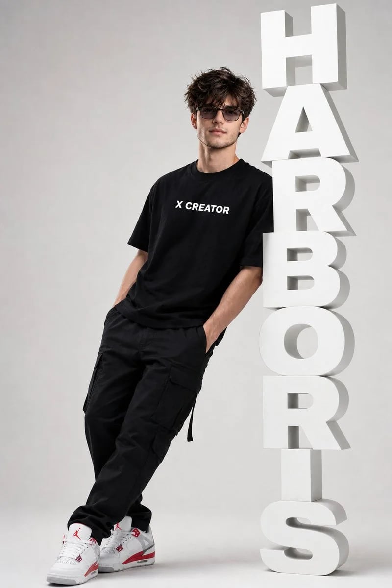 GPT Image 2 fashion editorial portrait with 3D HARBORIS letters