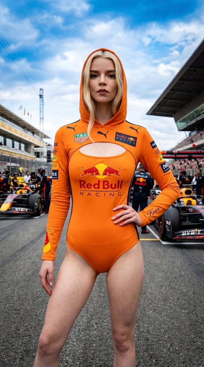Photorealistic Red Bull Racing paddock girl on an F1 pit lane