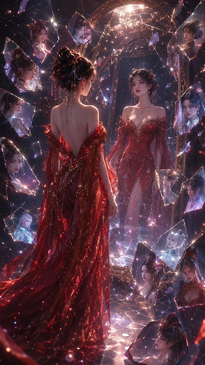 东方幻想红裙女子与破碎镜片梦境插画