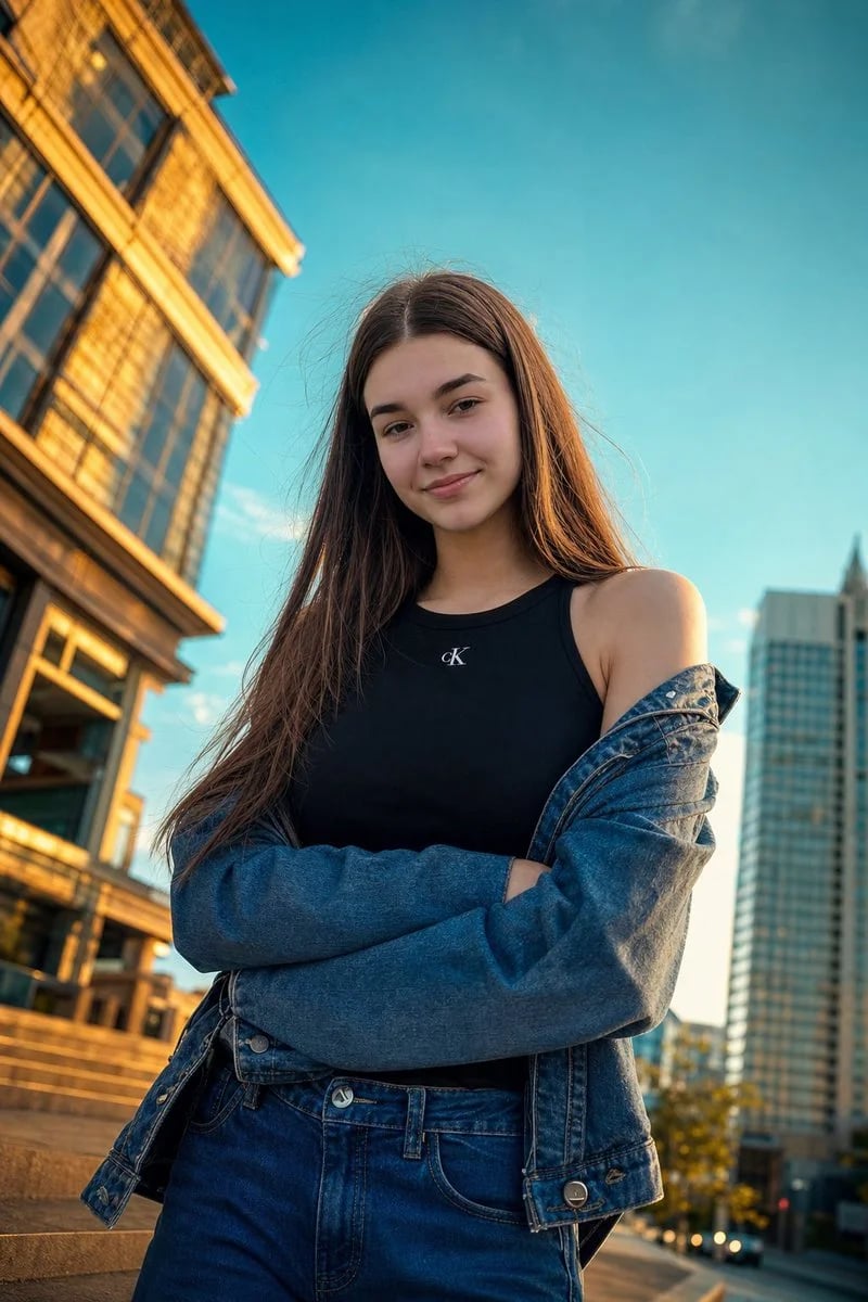 Photorealistic Golden Hour Low-Angle Street-Style Portrait