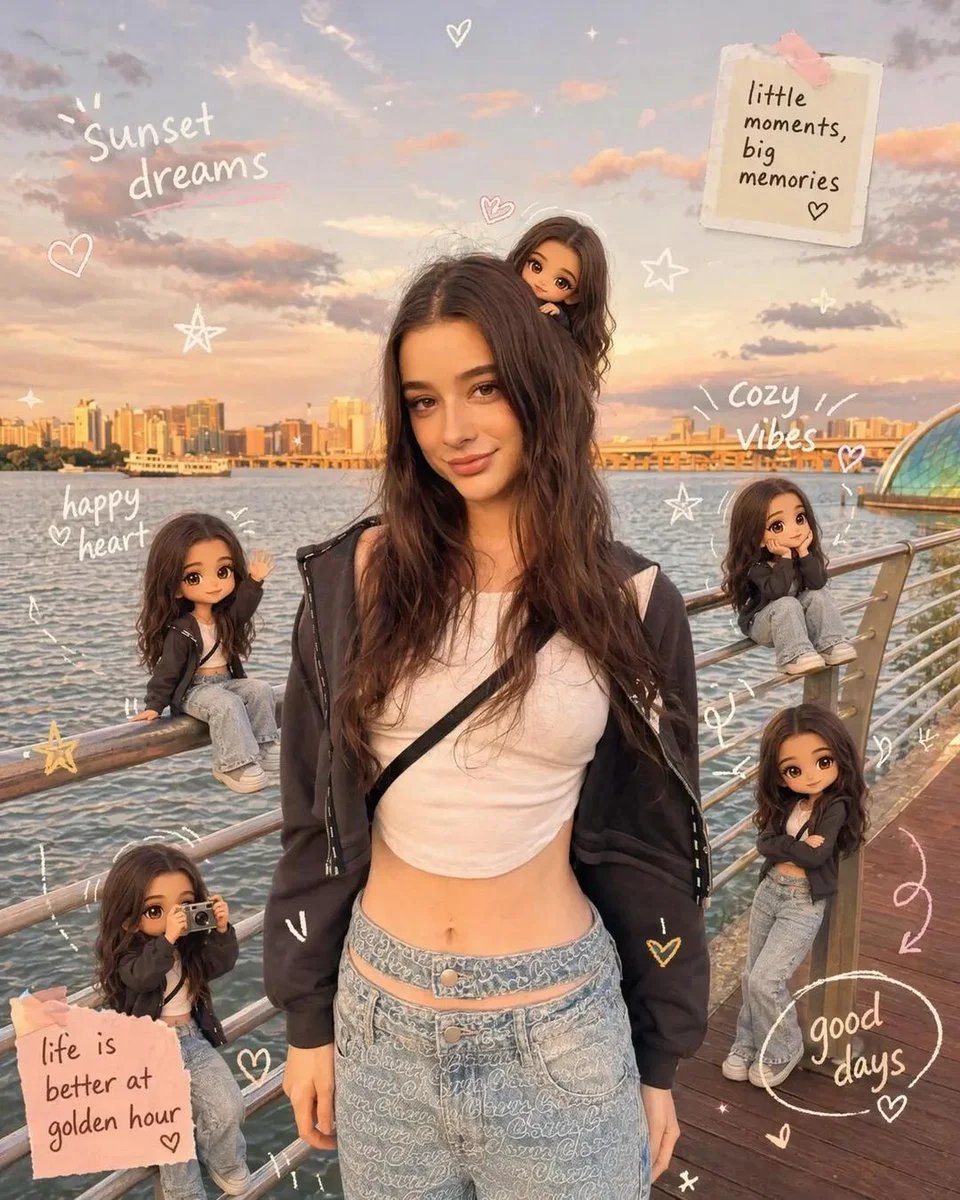 Cozy scrapbook image edit with chibi versions and handwritten doodles