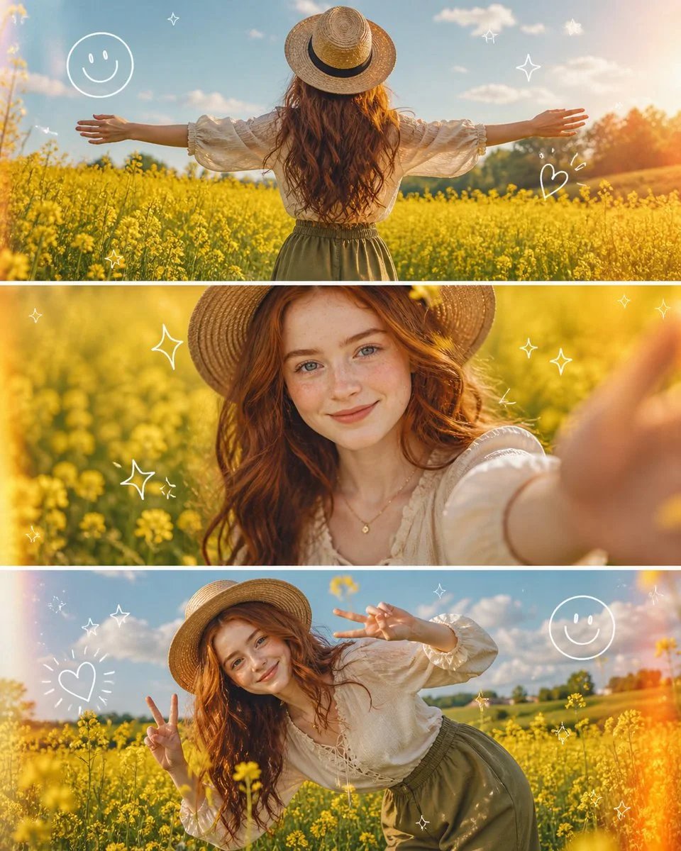 Golden Hour Mustard Field 3-Panel Portrait Collage