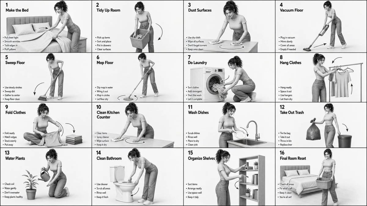 Monochrome 4×4 Household Chores Instructional Storyboard