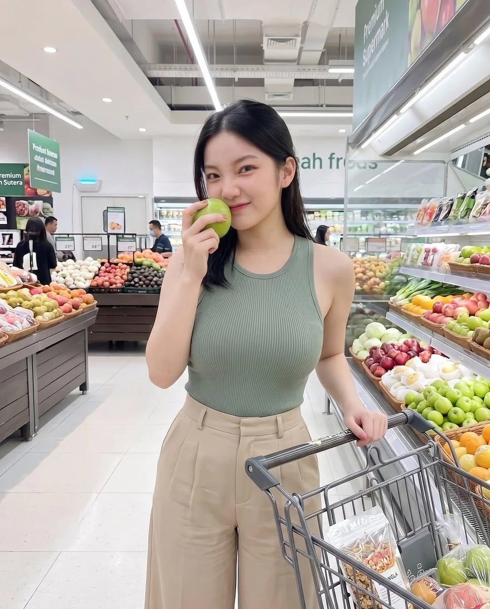Photorealistic Grocery Store Portrait with Green Apple