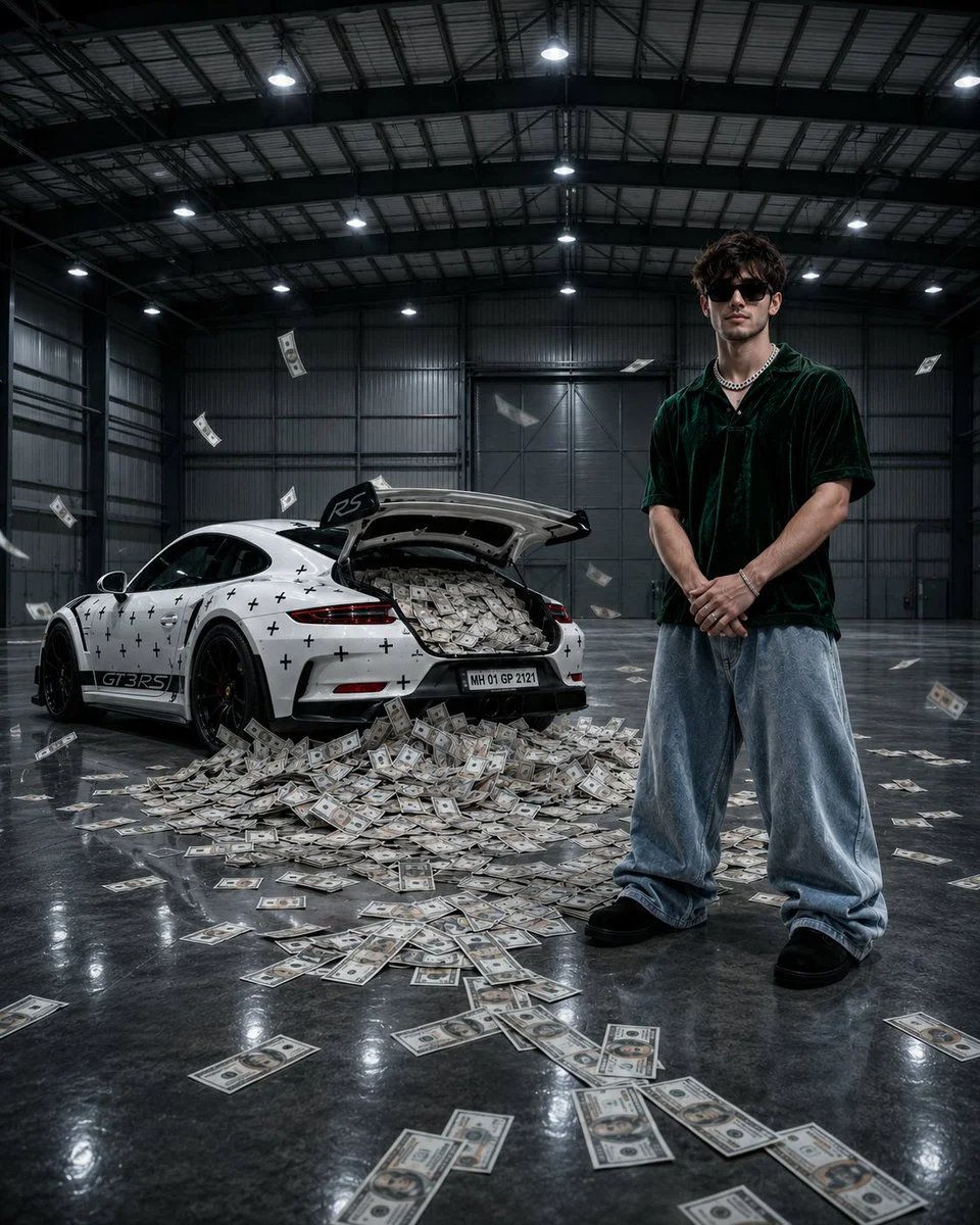 Stylish man on white Porsche 911 GT3 RS in aircraft hangar