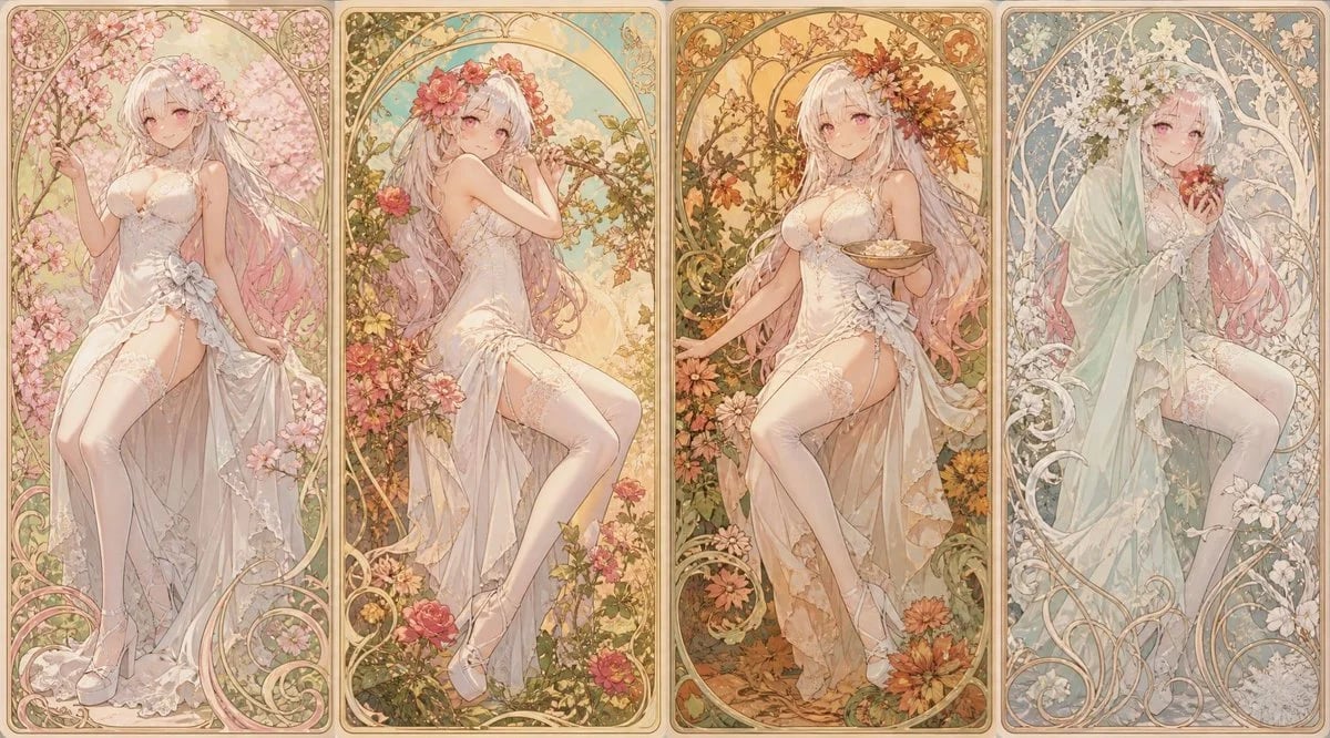 GPT-Image-2でキャラクターをミュシャ風「四季」アール・ヌーヴォー連作に変換