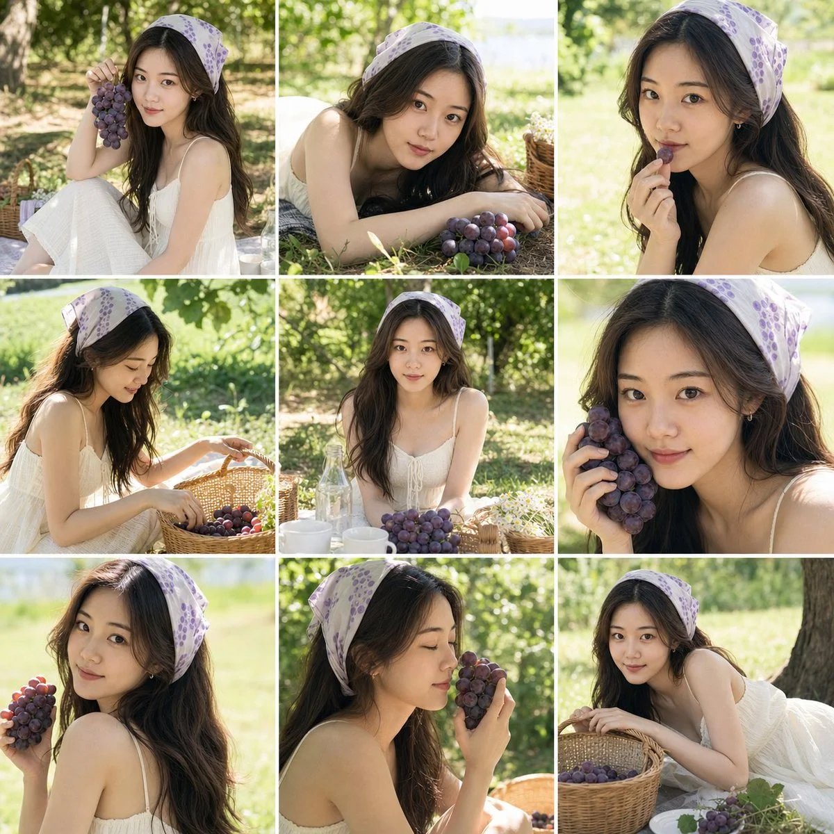 夏日葡萄少女九宫格写真提示词