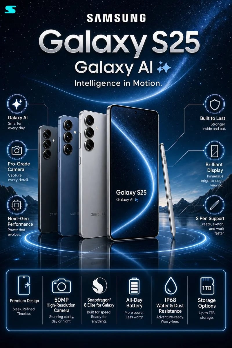 Samsung Galaxy S25 Premium Futuristic Infographic Poster