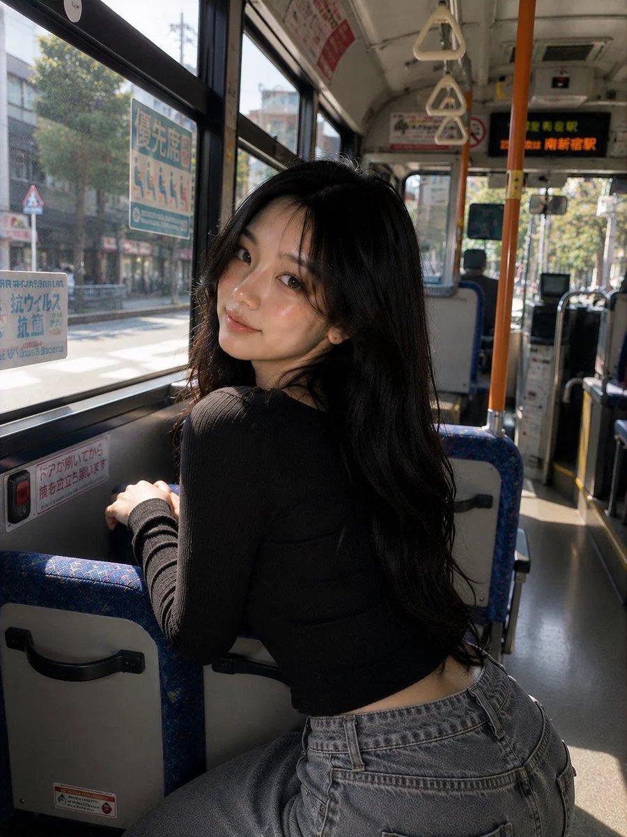 Photorealistic Korean Girl Portrait on a Japanese City Bus