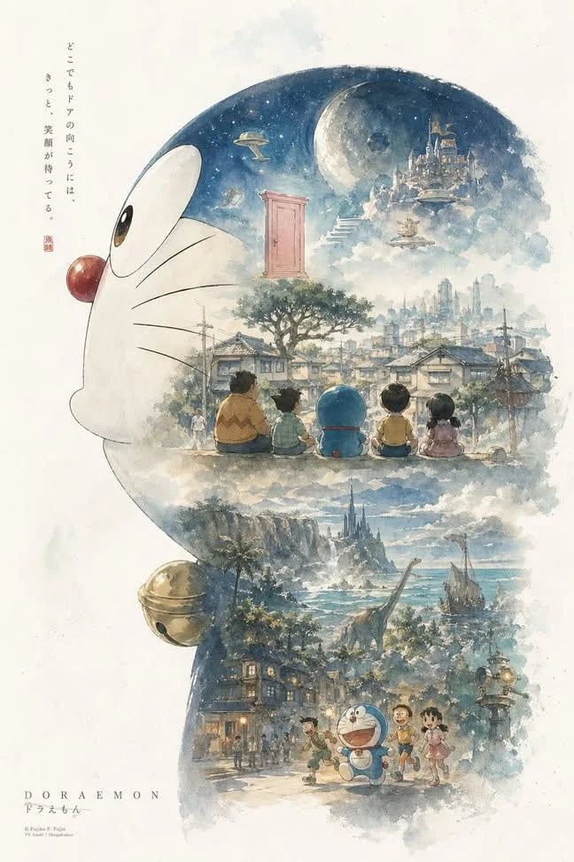 Watercolor Doraemon Silhouette with Layered Dream Scenes