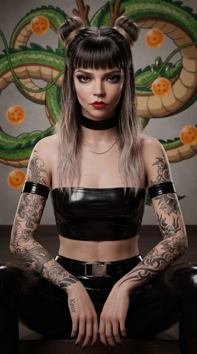 Photorealistic Tattooed Woman in Black Latex in Gothic Dragon Temple