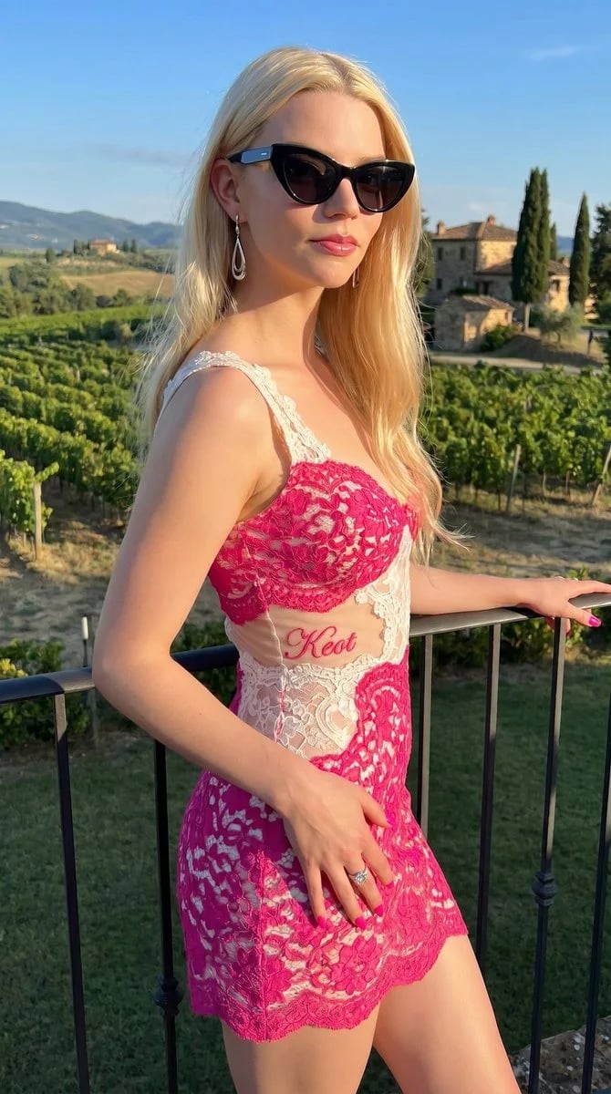 Glamour fashion portrait in a sunny Tuscan vineyard