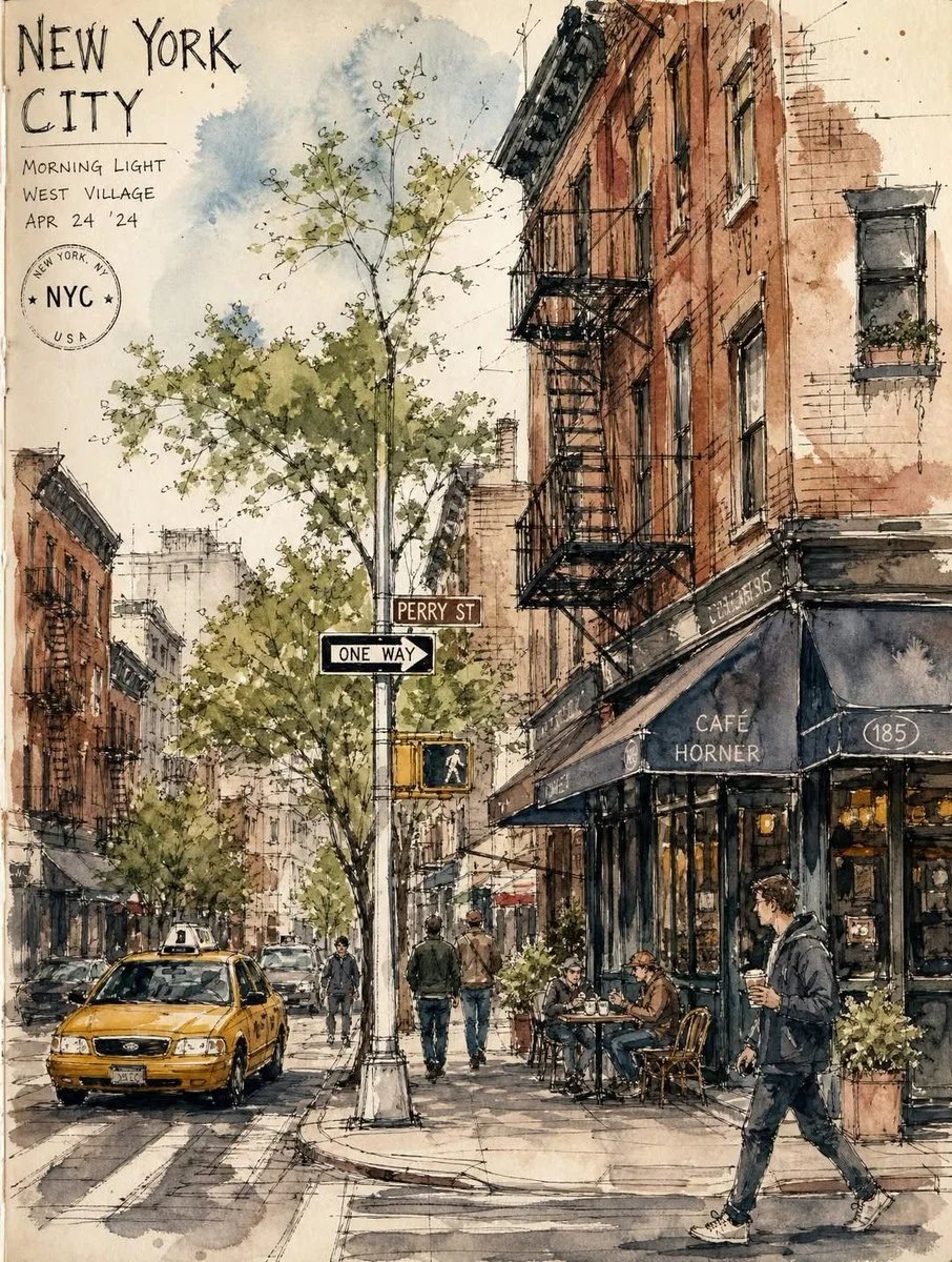 Vintage European City Street Watercolor Sketchbook Illustration