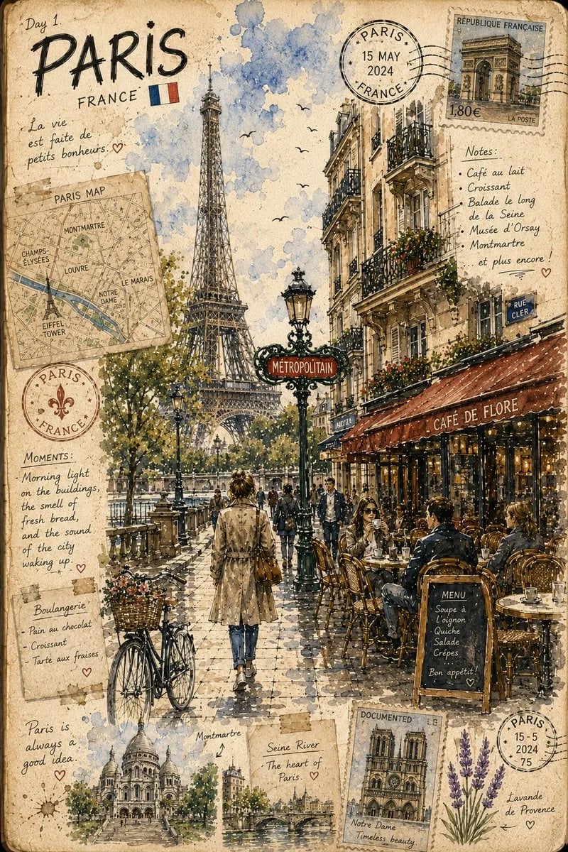 GPT Image 2 travel-journal watercolor European street scene
