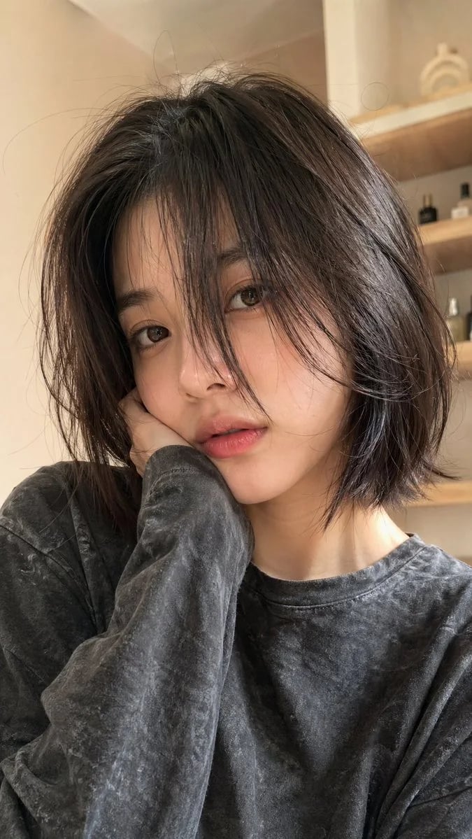 Hyper-realistic short bob portrait with soft indoor selfie lighting