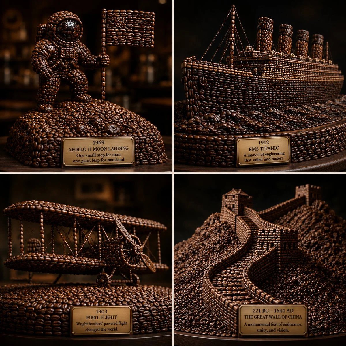 Famous Human Achievements Visualized as Coffee Bean Sculptures