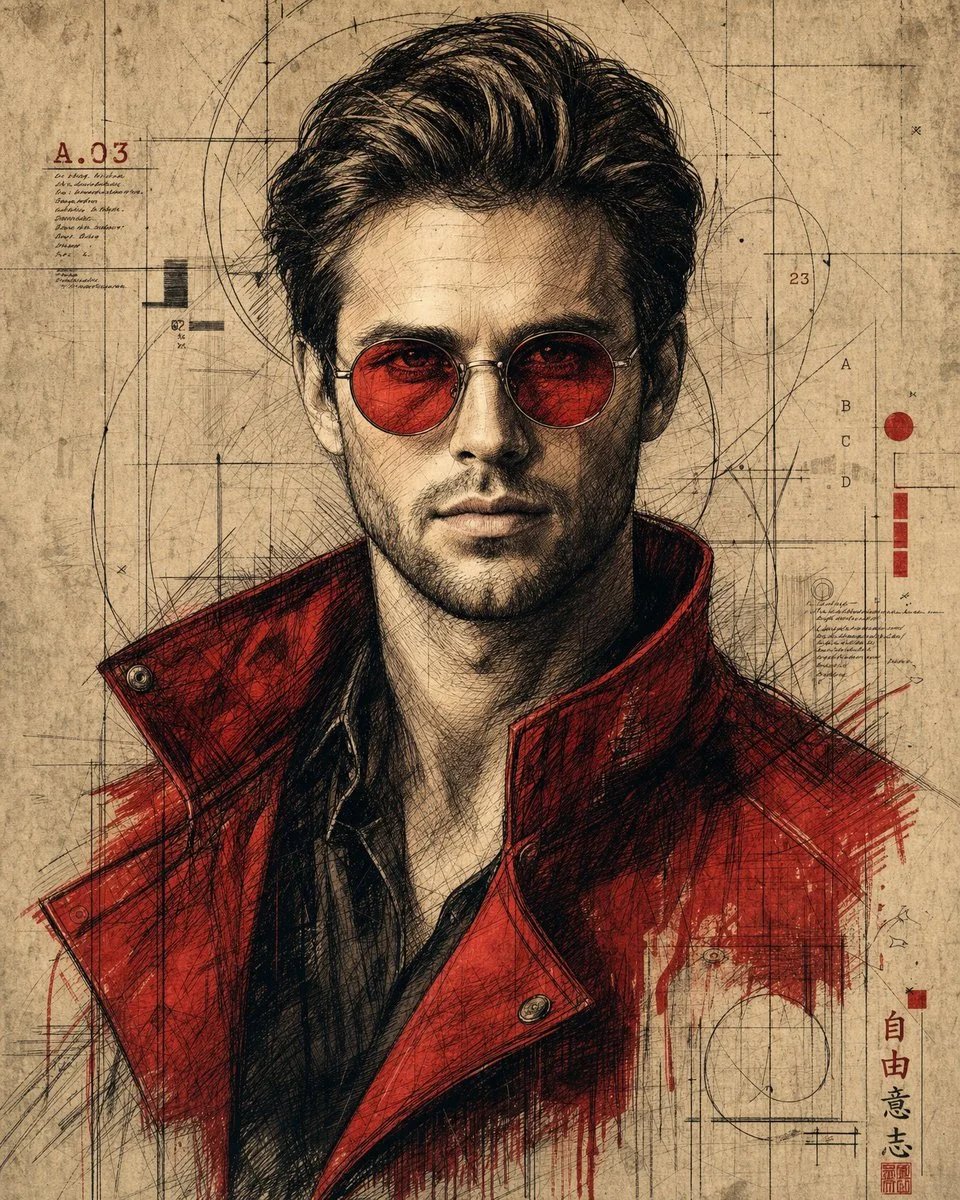 Hand-Drawn Cyberpunk Portrait with Red Accents