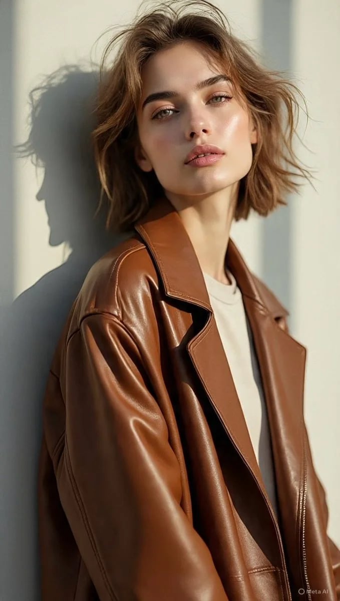 Photorealistic fashion portrait in tan leather trench coat