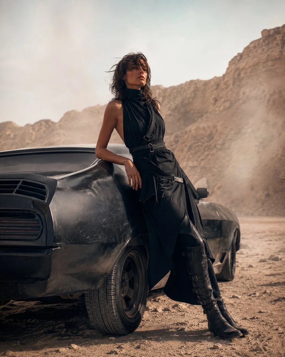 GPT Image 2 luxury desert fashion editorial with muscle car