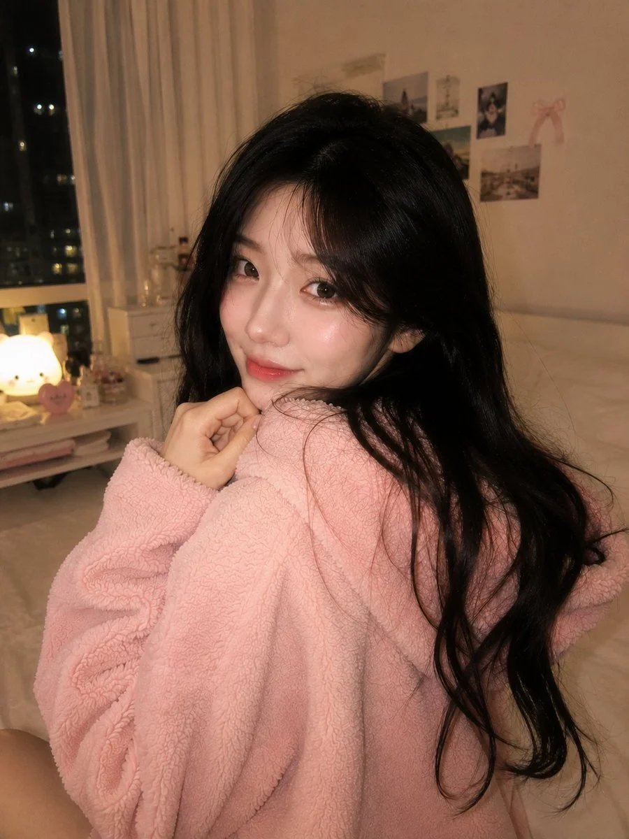 Ultra-realistic cozy Korean bedroom portrait