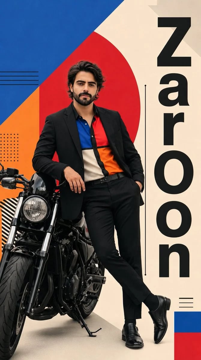 Minimalist Harajuku Fashion Poster with Malay Man on Motorcycle