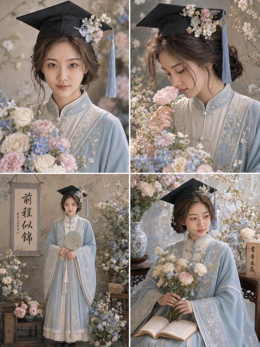 GPT Image 2 花卉梦幻版新中式学士袍毕业写真四宫格提示词