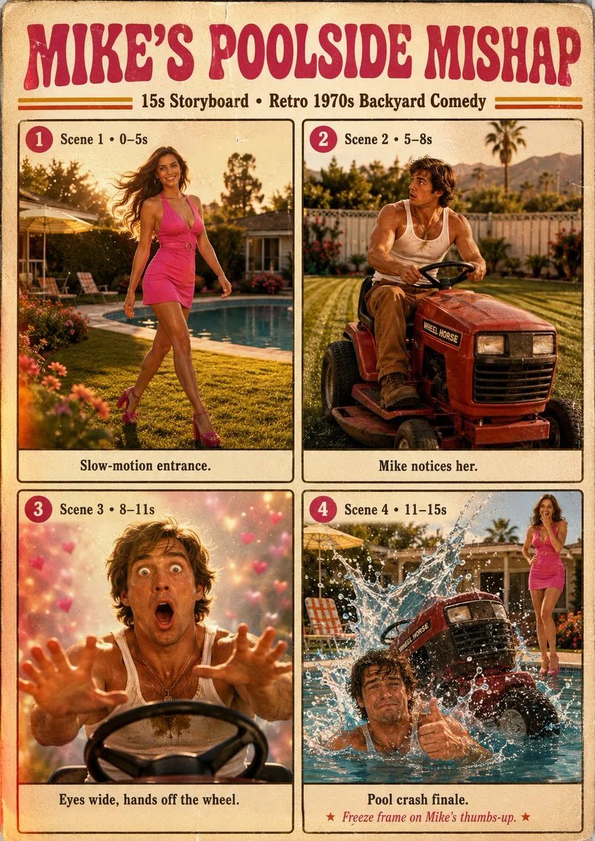 Seedance 2.0 retro 1970s backyard lawnmower pool crash comedy prompt