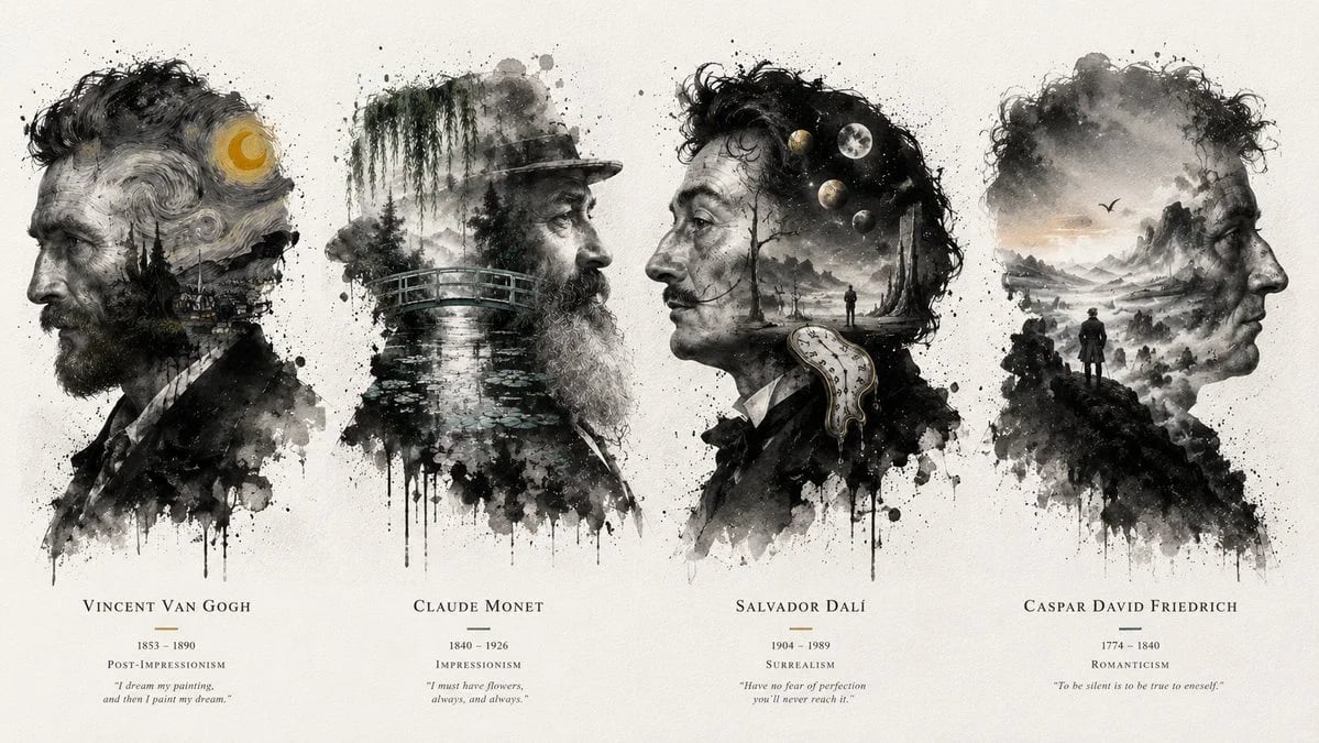GPT-Image-2 double-exposure silhouettes of famous painters