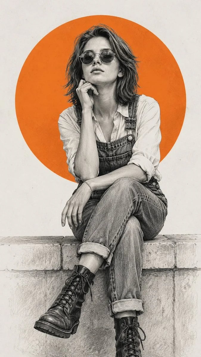 Fashion Editorial Pencil-Sketch Woman with Orange Circle