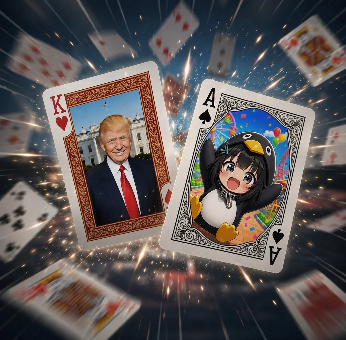 Cinematic Flying Playing Cards with Trump King and Penguin Anime Ace