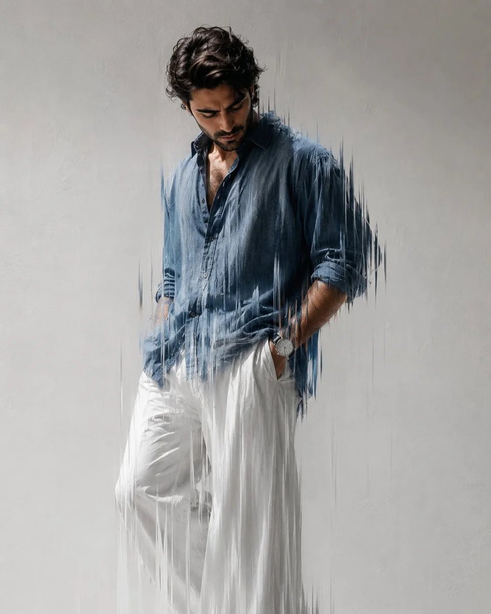 Editorial fashion portrait with glitch smear effect