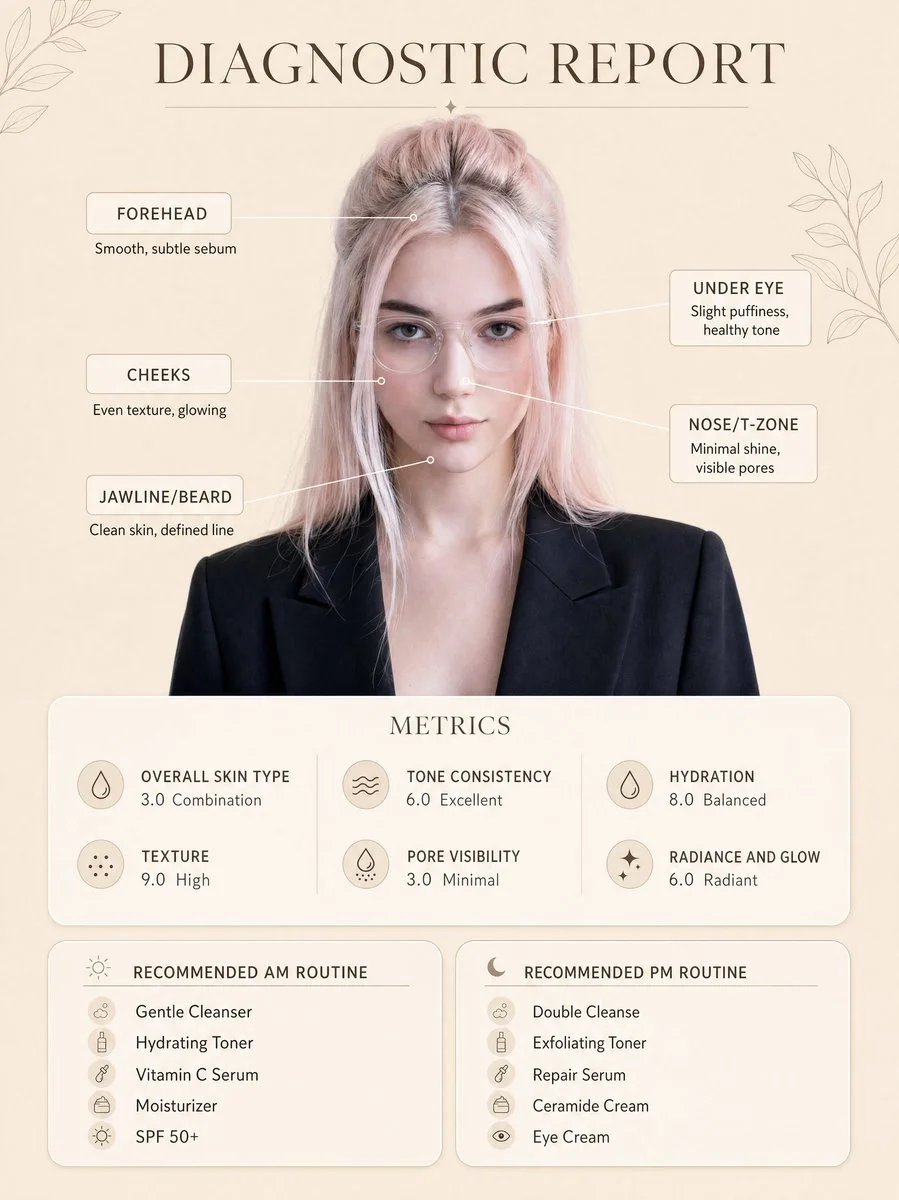 Premium skincare diagnostic report poster prompt