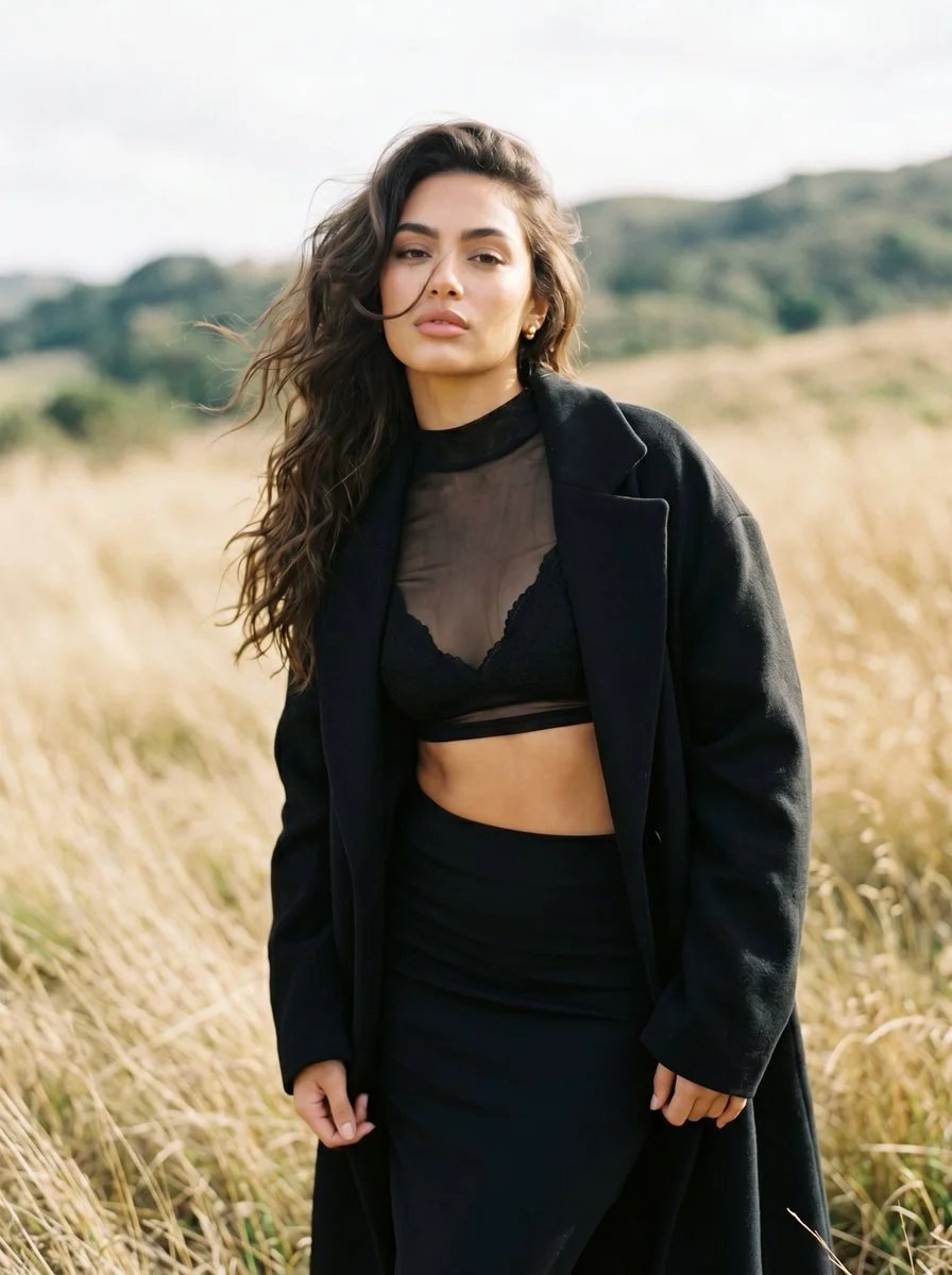 Edgy Cinematic Fashion Portrait in Windy Golden Field