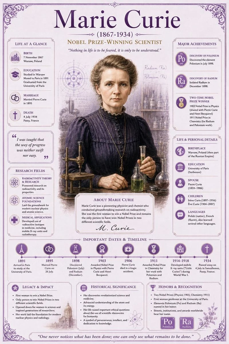 Vintage Encyclopedia-Style Marie Curie Educational Infographic