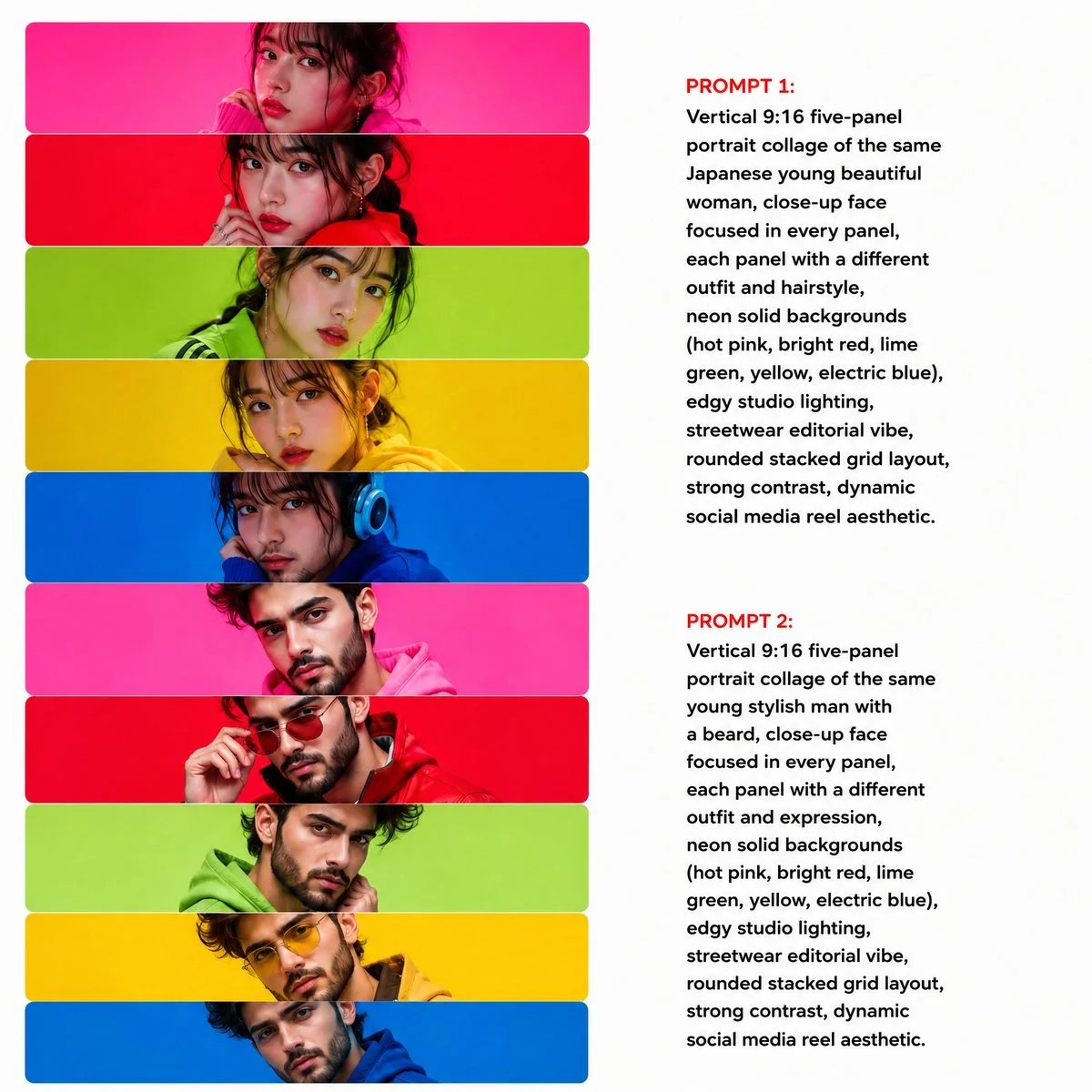 Five-panel neon portrait collage editorial prompt