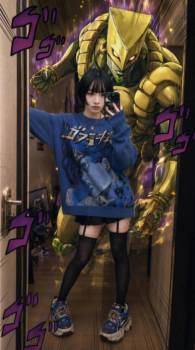 GPT-Image-2 JoJo-inspired realistic mirror selfie with The World Stand