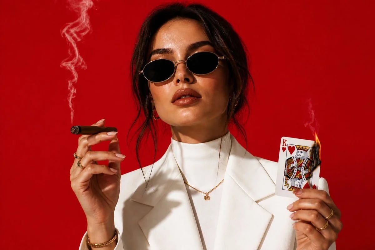 High-Fashion Portrait in White Suit with Cigar and Burning Card