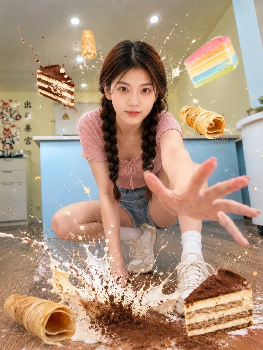Frozen-in-time dessert shop action portrait