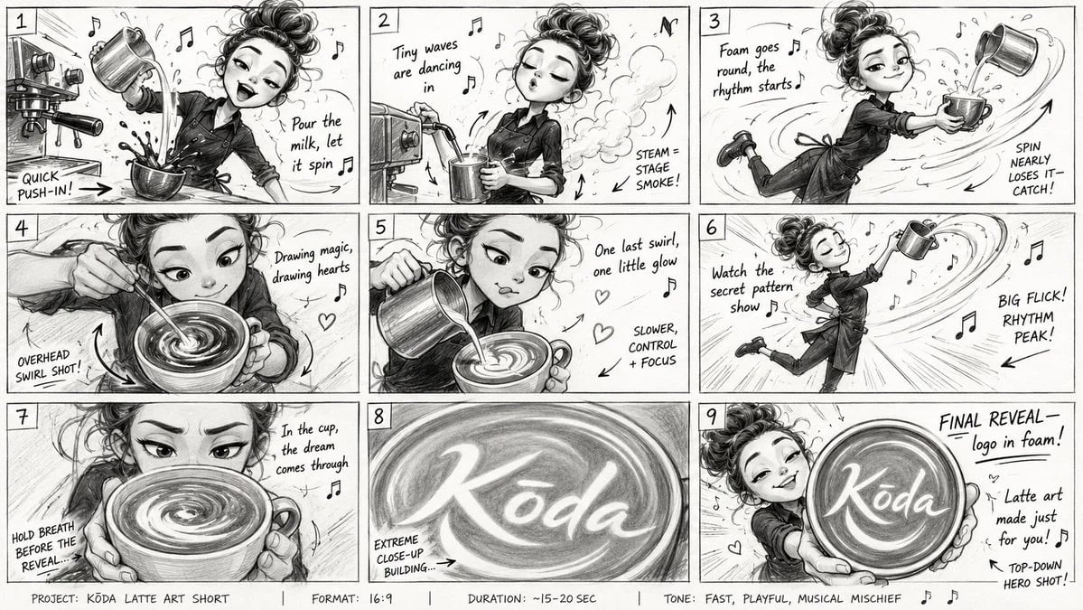 GPT Image 2 storyboard prompt for a slapstick musical latte art video