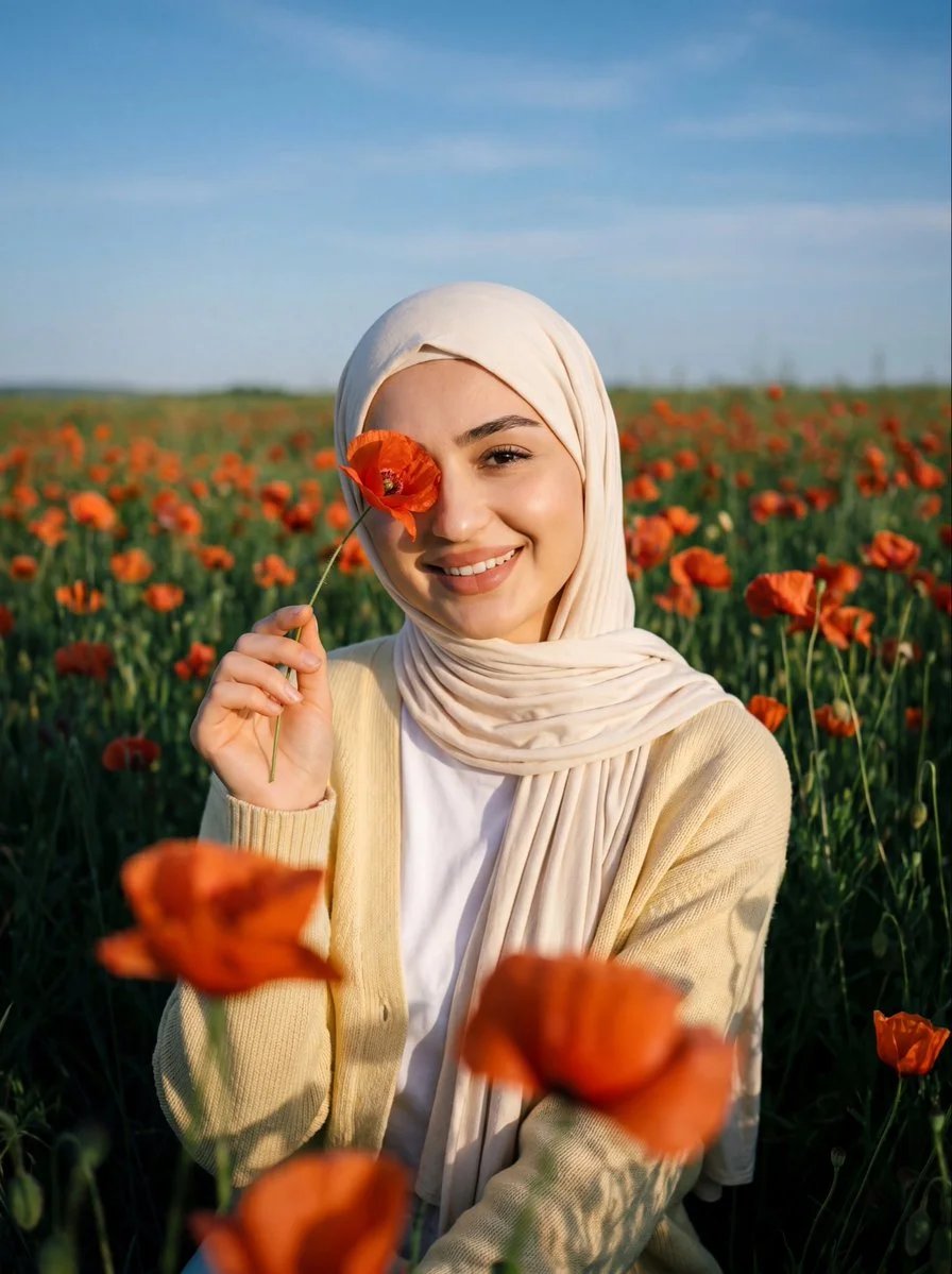 GPT-Image-2 cinematic hijabi woman in a wild poppy field