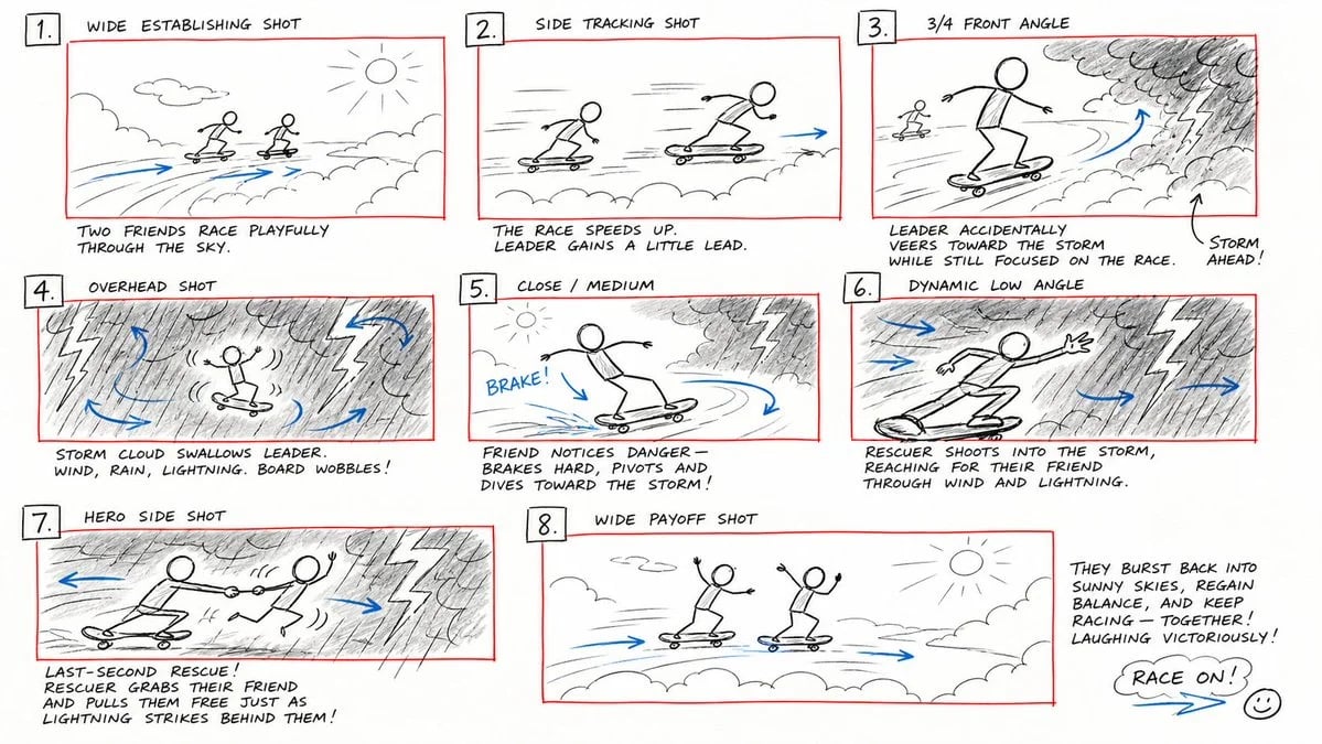 GPT Image 2 previs storyboard prompt for a cloud skateboard rescue chase