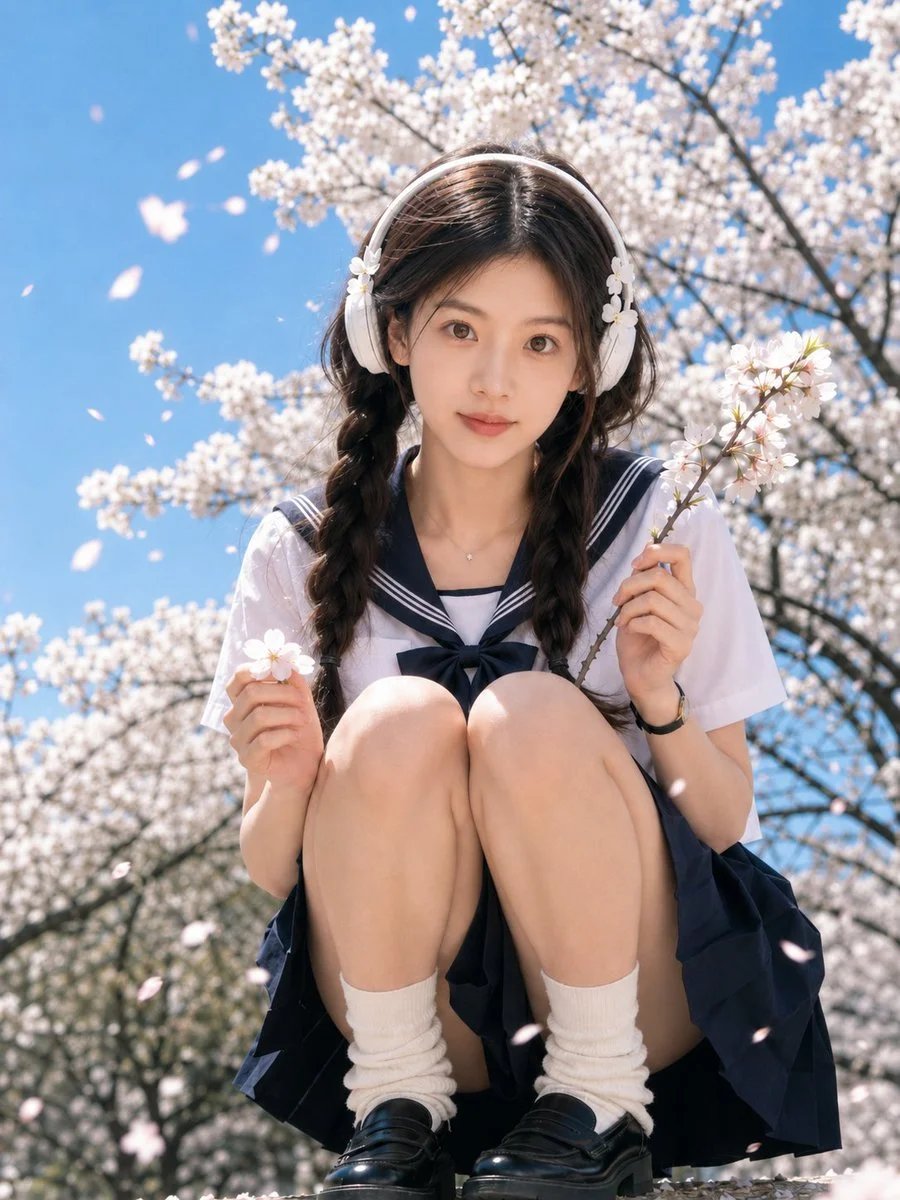 Spring sakura JK-style realistic portrait with white headphones