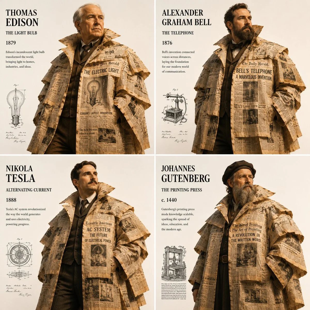 Experimental inventor editorial portraits with vintage newspaper coats