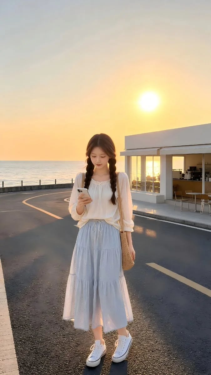 Golden-hour seaside street portrait with identity reference